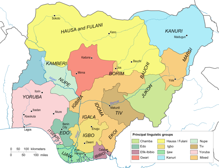 Map of Nigerian showing Yorubaland and linguistic divisions